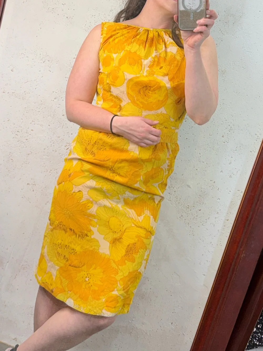 Vintage 50s 60s Sleeveless Yellow Floral Belted Dress with Scarf